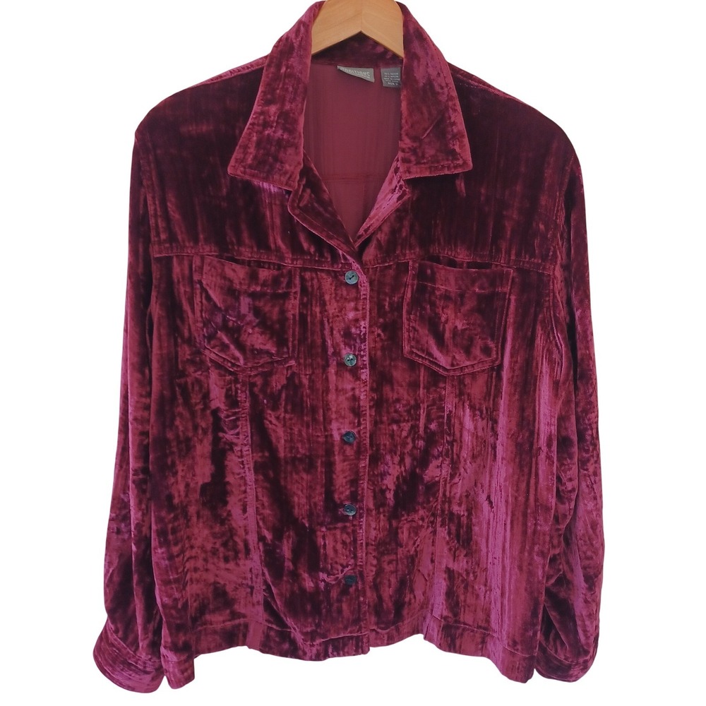 Additions by Chico's Burgundy Crushed Velvet Button Down Shirt Jacket Sz 3 L XL